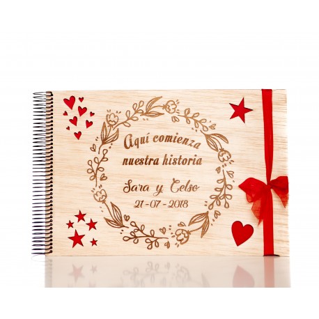 Libro de Firmas de Madera Love para Bodas - Diseño Artesanal Color Lazo  Rojo Formato A5 ¿Lazo o goma? Goma Color Goma Rojo